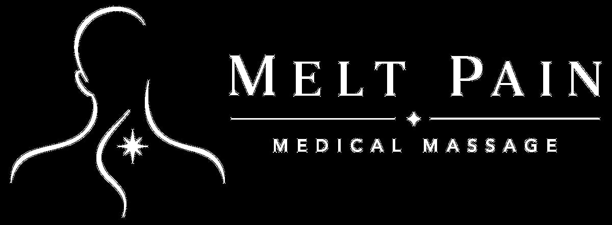 Melt Pain medical massage logo featuring stylized neck design with text on black background