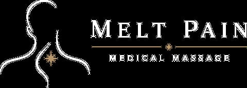 Melt Pain Medical Massage logo featuring stylized neck outline with gold accent on black background